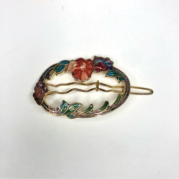 Vintage Cloisonne Hair Barrette Gold Tone colorful enamel floral hair pin main image 6